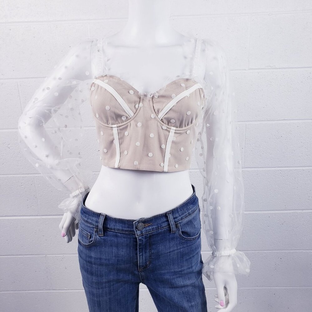 Runaway The Label Bustier Corset Top Size 4 Beige Polka Dot Tulle Sheer Sleeves - Picture 3 of 10